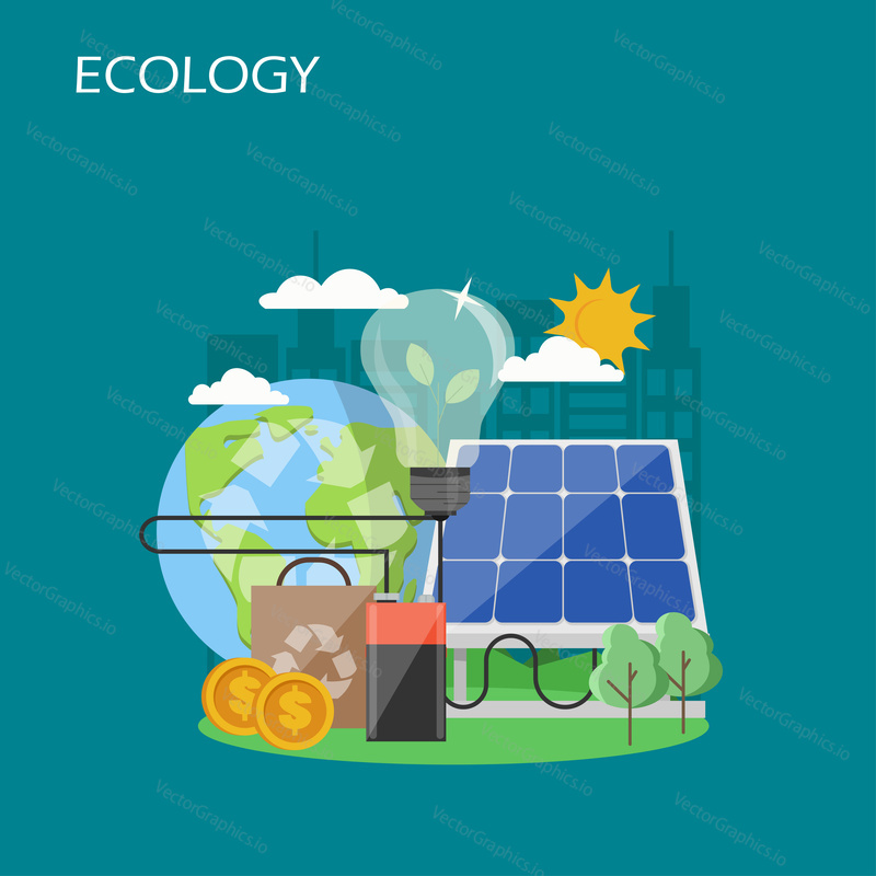 Vector flat style design illustration of planet Earth and bag with recycle symbols, light bulb connected to solar panels and battery, dollar coins. Ecology concept for web banner, website page etc.