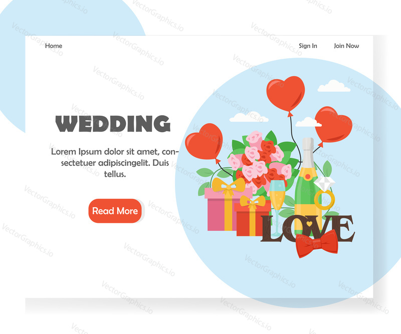 Wedding agency landing page template. Vector flat style design concept for wedding planner website and mobile site development. Ring with diamond, balloons, gift boxes, bouquet of flowers, champagne.