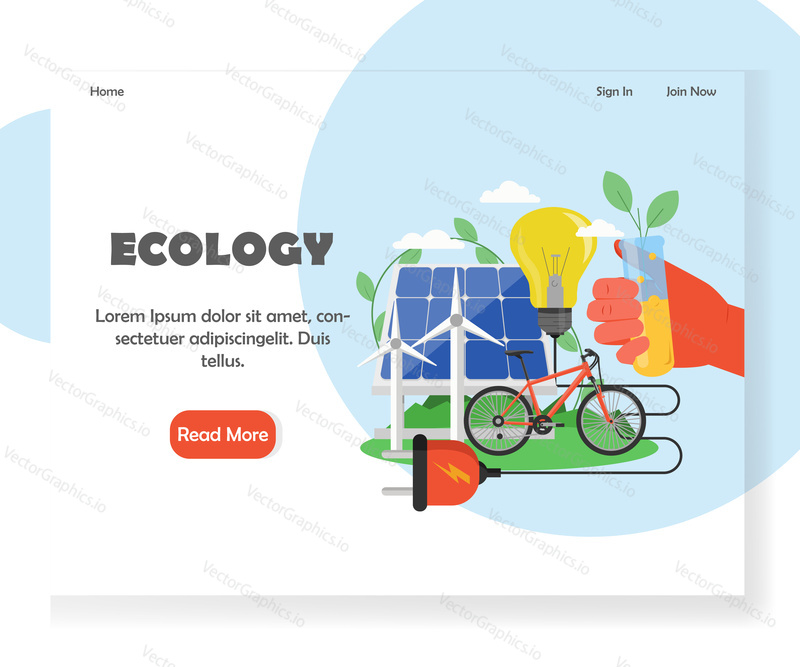 Ecology landing page template. Vector flat style design concept for green environmental website and mobile site development. Wind turbines, solar panels, bicycle, hand holding vial with green sprout.
