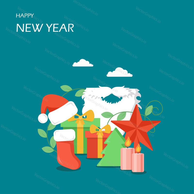 Happy New Year vector flat style design illustration. Santa hat, beard and mustache, gift boxes, christmas stocking, tree, candles, star. Winter holidays composition for web banner, website page etc.