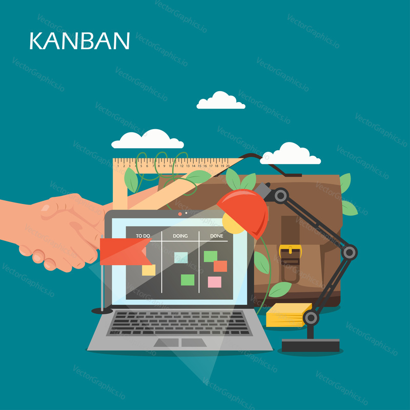 Kanban concept vector flat illustration. Laptop with cards on virtual task board on screen, handshake, briefcase, lamp, ruler. Online kanban technology composition for web banner, website page etc.