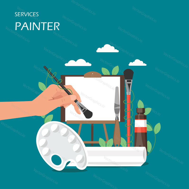 Painter artist services vector flat style design illustration. Human hand holding paintbrush, palette, easel, canvas, paint tube, brush. Art painting services concept for web banner, website page etc