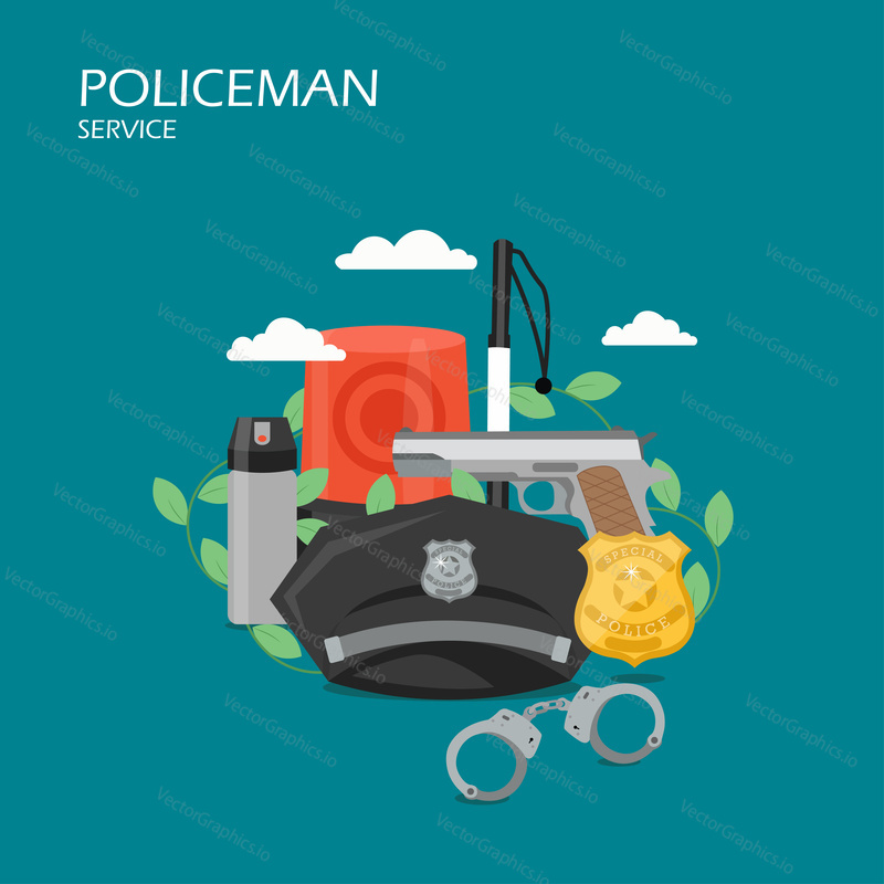 Policeman service vector flat style design illustration. Police officer hat, badge, baton, gun, handcuffs, siren, pepper spray. Police equipment and accessories concept for web banner, website page.