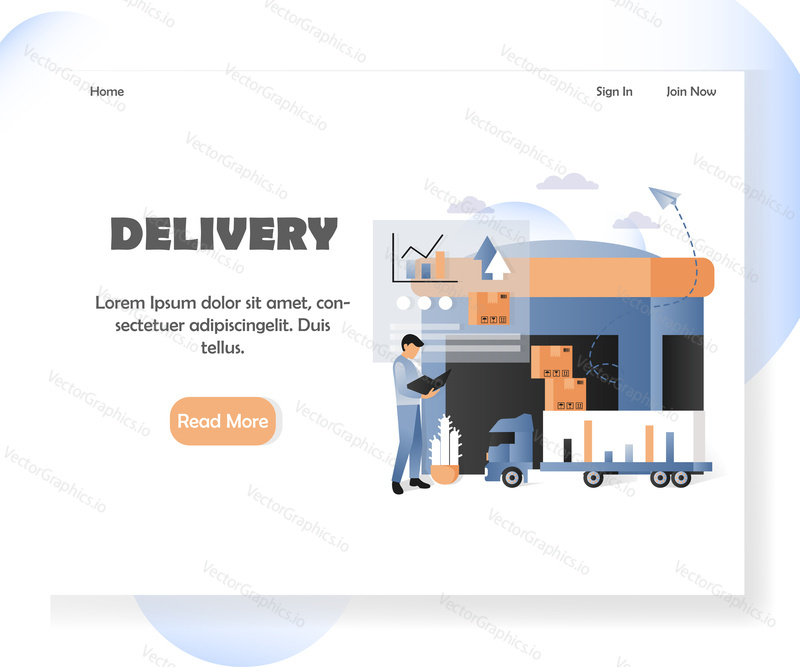Delivery company landing page template. Vector illustration of warehouse, delivery truck, parcels, statistics bar graphs, worker. Delivery and logistics concept for website and mobile site development