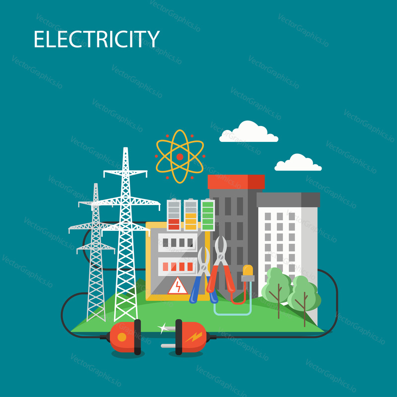 Electricity vector flat style design illustration. High voltage power lines and city buildings connected to electric plug. Electric power transmission concept for web banner, website page etc.