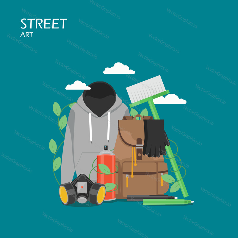 Street art vector flat style design illustration. Paint spray can, markers, hoodie, gloves, mask, backpack, cleaning brush. Graffiti art tools and accessories for web banner, website page etc.