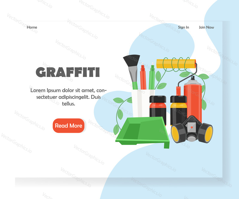 Graffiti vector website template, web page and landing page design for website and mobile site development. Decorative spray painting tools and accessories concept.