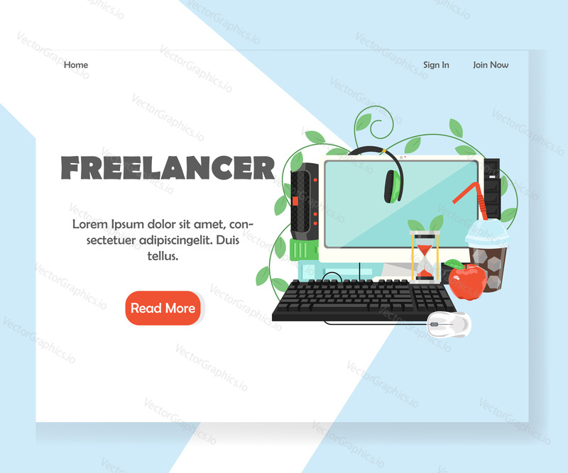 Freelancer landing page template. Vector flat style design concept for freelance website and mobile site development. Remote work, home workplace with modern equipment.