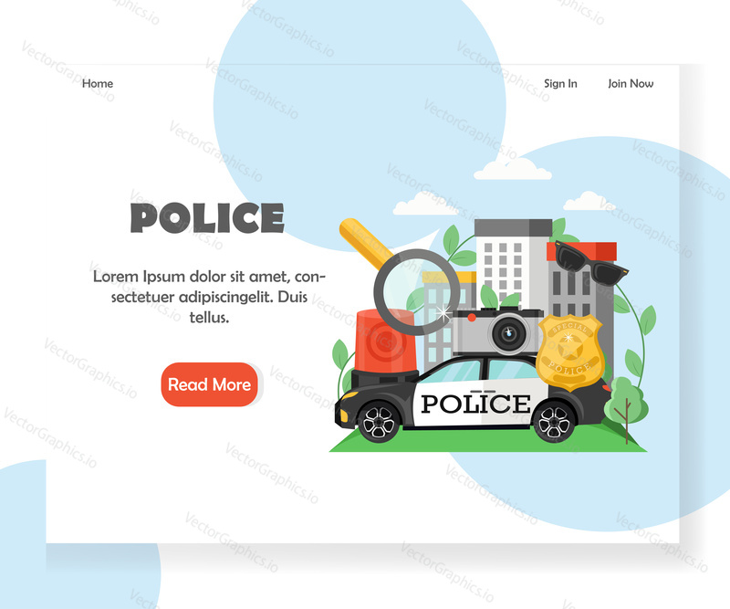 Police landing page template. Vector flat style design concept for force website and mobile site development. Police officer badge, sunglasses, siren, patrol car, magnifying glass, photo camera.