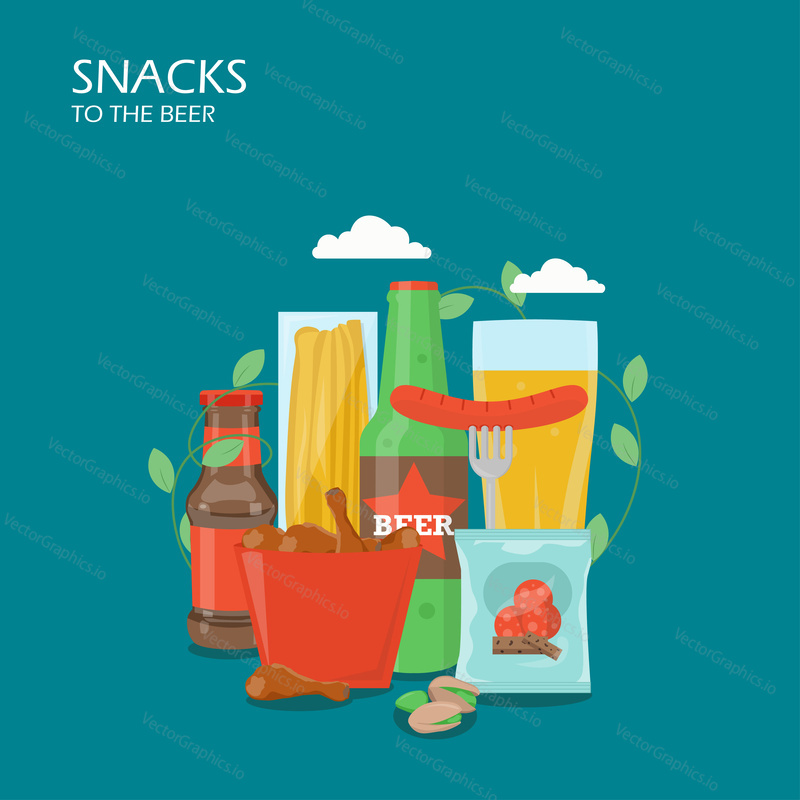 Snacks to the beer vector flat style design illustration. Bottle and glass of beer, pistachio, croutons, cheese, chicken, ketchup and sausage. Snack food composition for web banner, website page etc.