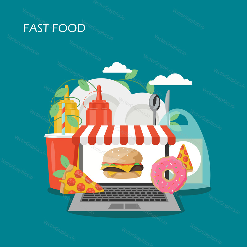 Fast food vector flat style design illustration. Laptop with awning, cheeseburger, pizza, donut, ketchup and mustard bottles, cola, tableware. Fast food online concept for web banner, website page etc
