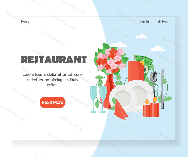 Restaurant landing page template. Vector flat style design concept for cafe or restaurant website and mobile site development. Tableware, candles, wineglasses, table napkin, bouquet of flowers.