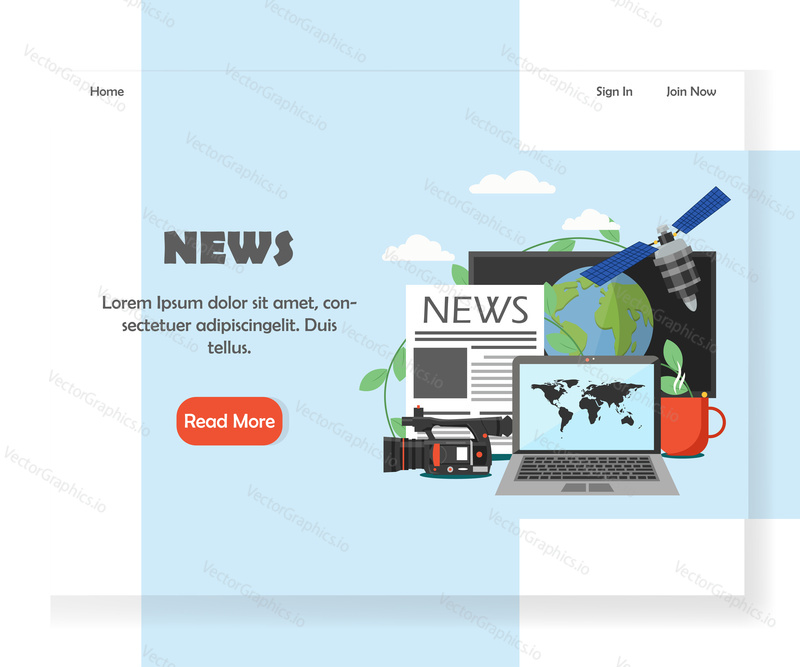 News landing page template. Vector flat style design concept for breaking news website and mobile site development. Broadcast and digital mass media laptop, newspaper, tv and camcorder, satellite.