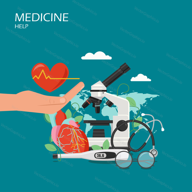 Medicine help vector flat style design illustration. Human heart on hand palm, stethoscope, microscope, thermometer, glasses. Health care, medical services concept for web banner, website page etc.