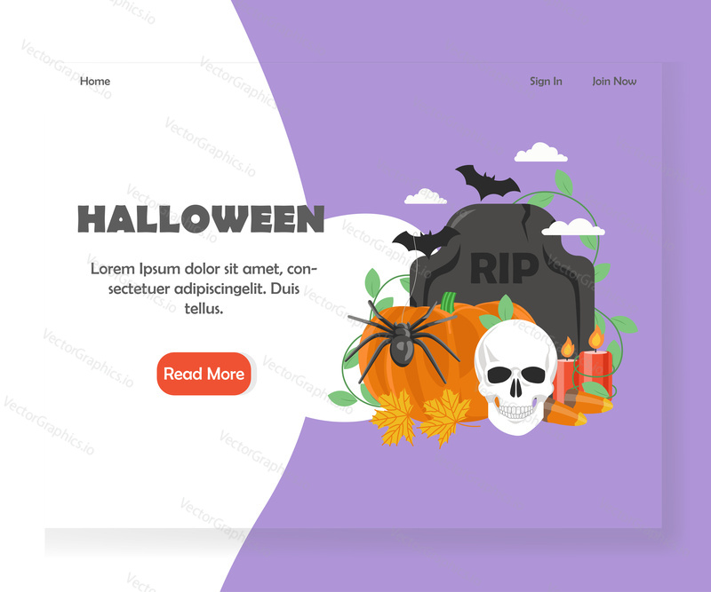 Шаблон целевой страницы на Хэллоуин. Векторная концепция дизайна в плоском стиле для веб-сайта Хэллоуина и разработки мобильных сайтов. Тыква, надгробие, череп, летучие мыши, свечи, леденцы, кленовые листья, черный паук.