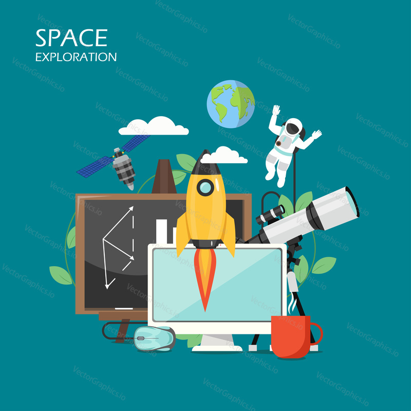 Space exploration concept vector flat illustration for web banner, website page etc. Telescope, satellite, astronaut, planet Earth, chalkboard, space rocket, computer etc.
