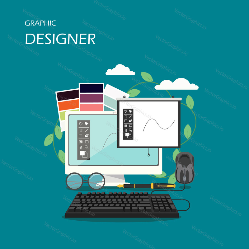 Graphic designer vector flat style design illustration. Desktop computer, pencils, ink pen, glasses, color palettes. Designer tools and accessories for web banner, website page etc.