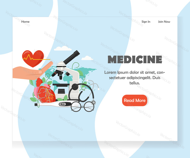 Medicine landing page template. Vector flat style design concept for website and mobile site development for doctors and physicians. Healthcare, medical services.