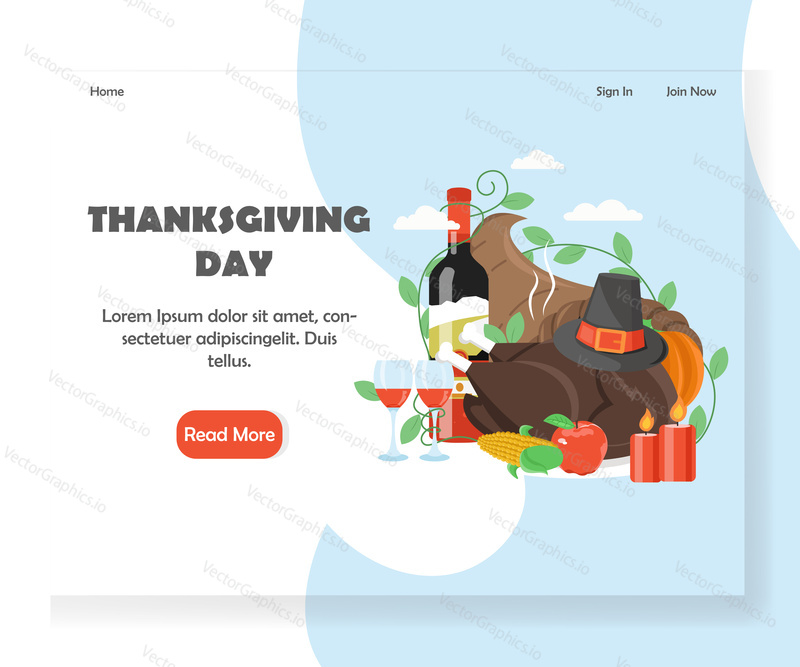 Thanksgiving Day landing page template. Vector flat style design concept for website, mobile site development. Traditional roasted turkey, wine, cornucopia with pumpkin, corn cobs, candles, men hat.