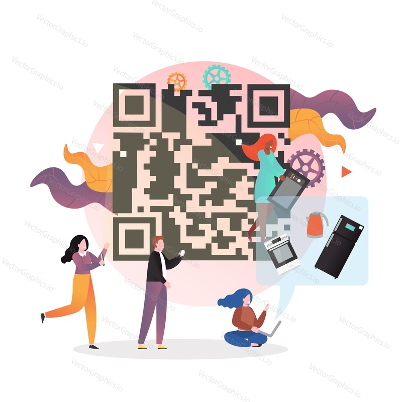 Happy male and female characters doing shopping with smartphone QR code scanning and paying within the app, vector illustration. Barcode scanning, verification app concept.