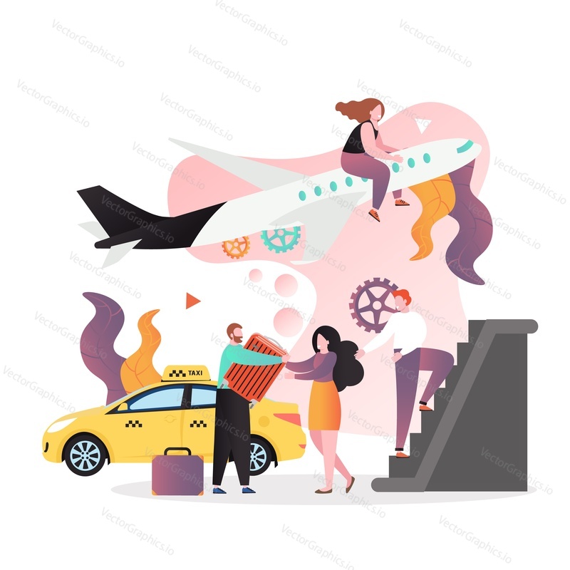 Yellow taxi cab driver and passengers young lady with luggage, woman sitting on plane, vector illustration. Airport taxi service concept for web banner, website page etc.