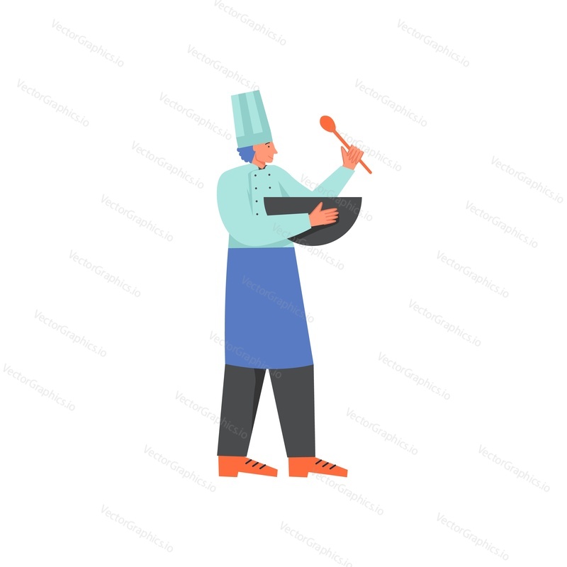 Young man in chef uniform and cap training with bowl and spoon in hands. Vector flat illustration isolated on white background. Culinary school and professional restaurant chef career concept.