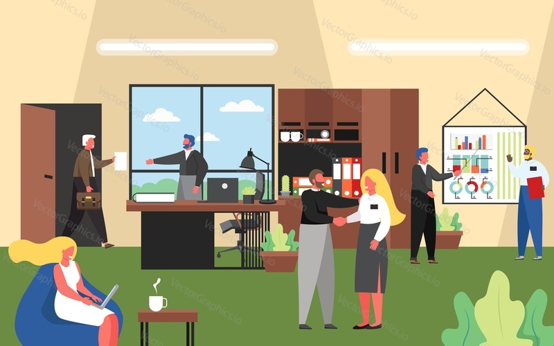 Business people working in office, vector flat style design illustration. Businessmen and businesswomen meeting, giving presentation, making deal, working on laptop. Office situations with characters.