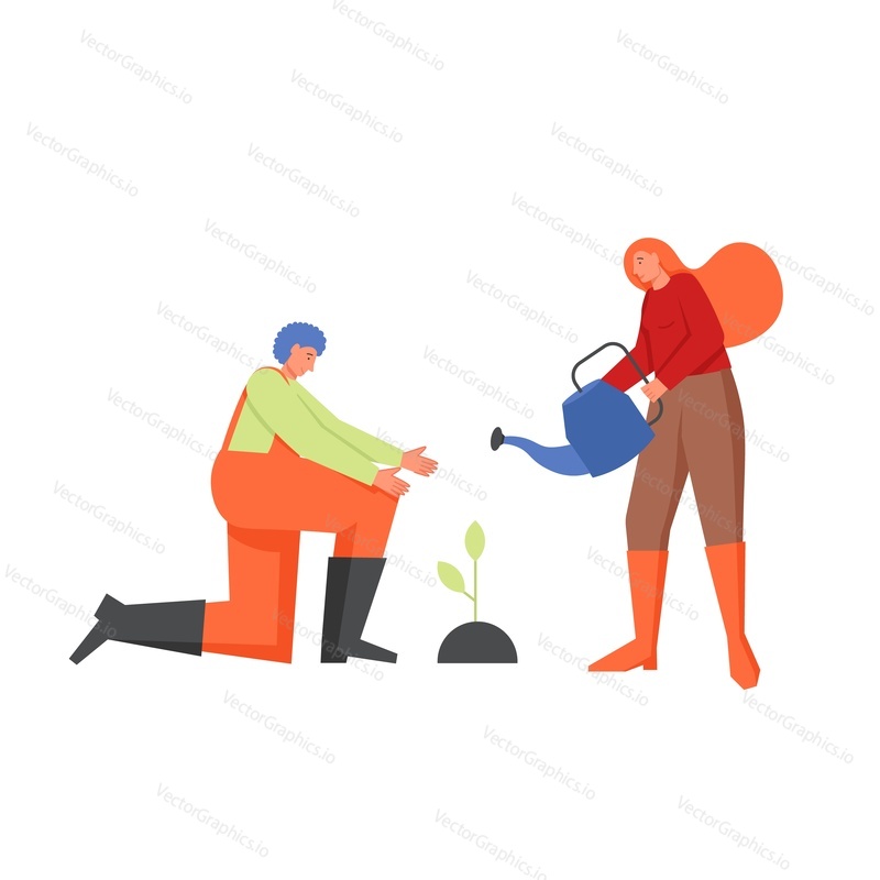 Gardeners man and woman watering plant. Vector flat style design illustration isolated on white background. Growing plants, gardening concept for web banner, website page etc.