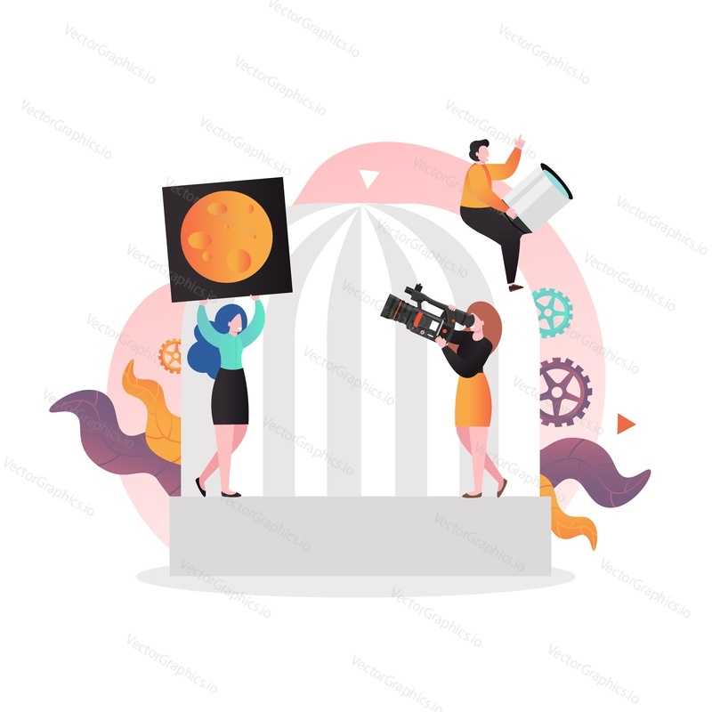 Astronomical observatory dome with optical telescope for observing celestial objects and characters astronomers, vector illustration. Astronomy science, space exploration concept for website page etc.