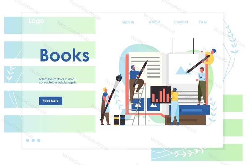 Книги векторный шаблон веб-сайта, дизайн веб-страницы и целевой страницы для разработки веб-сайтов и мобильных сайтов. Концепция книгоиздательских услуг с персонажами.