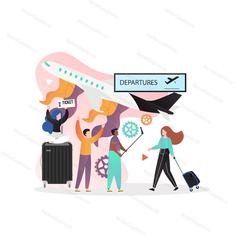 Airport departure and arrivals concept vector illustration. Plane, tourists male and female characters with ticket, luggage, suitcase. Airlines services, travel by air composition for web banner etc.