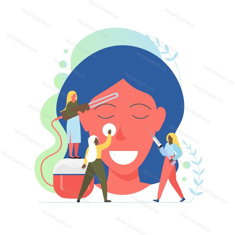 Beautician services, vector flat illustration. Tiny characters women doing non-surgical cosmetic procedures for face skin. Cosmetology face lifting, lipofilling, rejuvenation, facial fillers, peels.