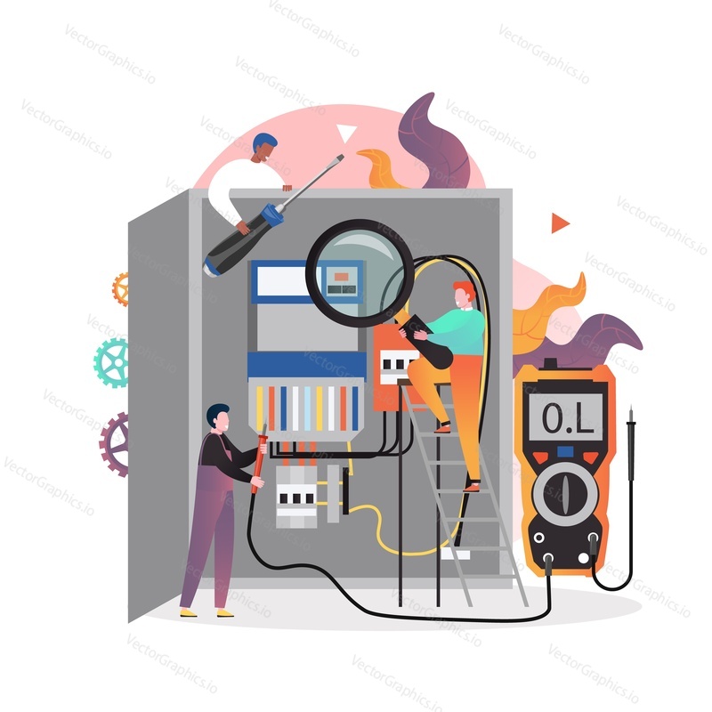 Electric panel box or distribution board and electricians with screwdriver, voltmeter, vector illustration. Electricity repair and maintenance services composition for web banner, website page etc.
