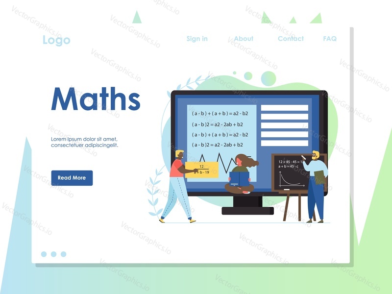 Maths vector website template, web page and landing page design for website and mobile site development. Math education concept with students studying math, university professor giving math lecture.