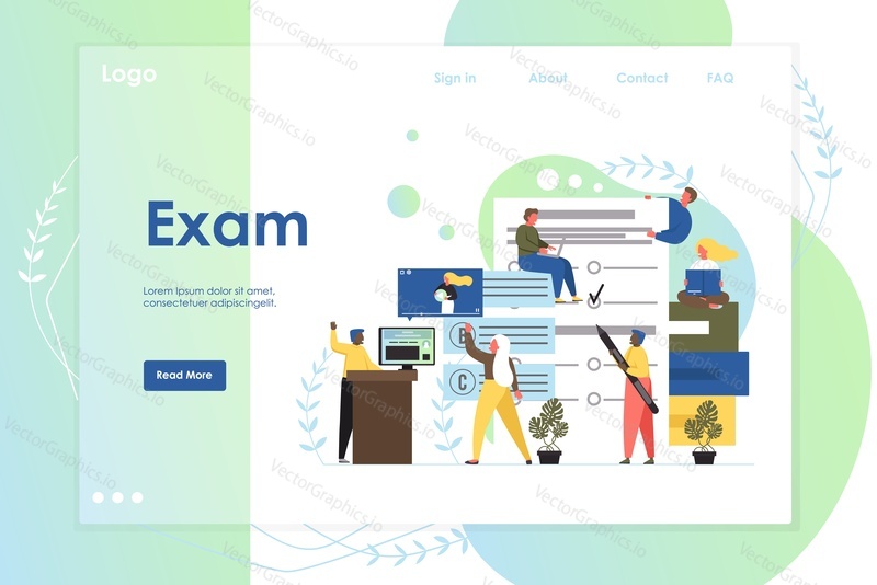 Exam vector website template, web page and landing page design for website and mobile site development. Online test, questionnaire form, distance education, e-learning, survey, internet quiz concept.