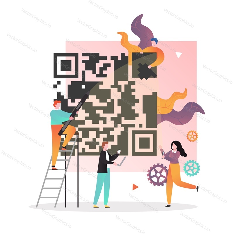 Huge QR code for smartphone scanning and characters, vector illustration. Barcode verification, QR generator online concept for web banner, website page etc.