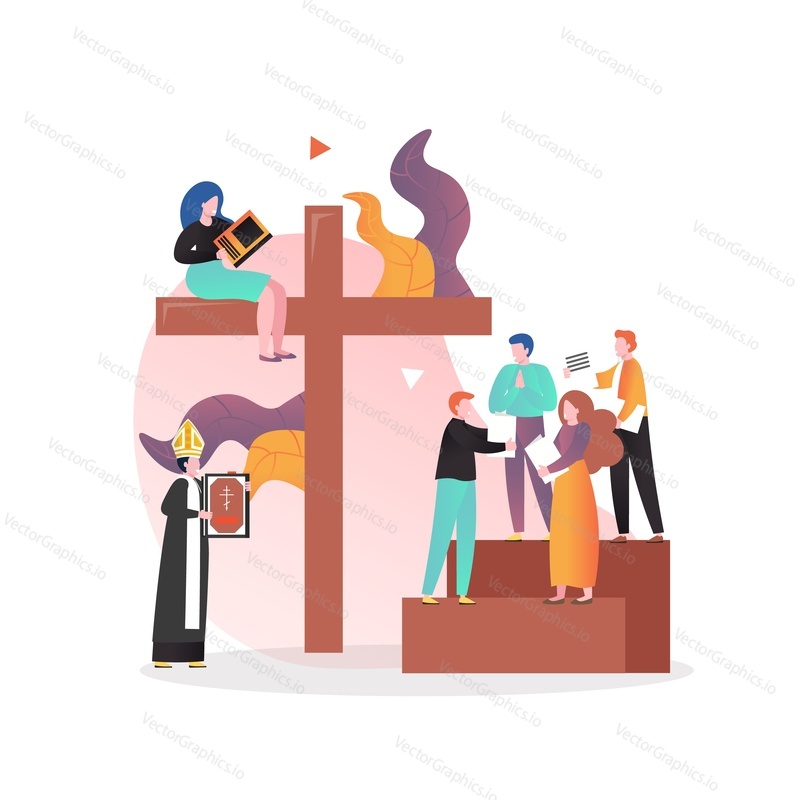Huge cross, priest and faithful people reading Holy Bible Christian religious book, vector illustration. Christianity religion, Christian school concept for web banner, website page etc.