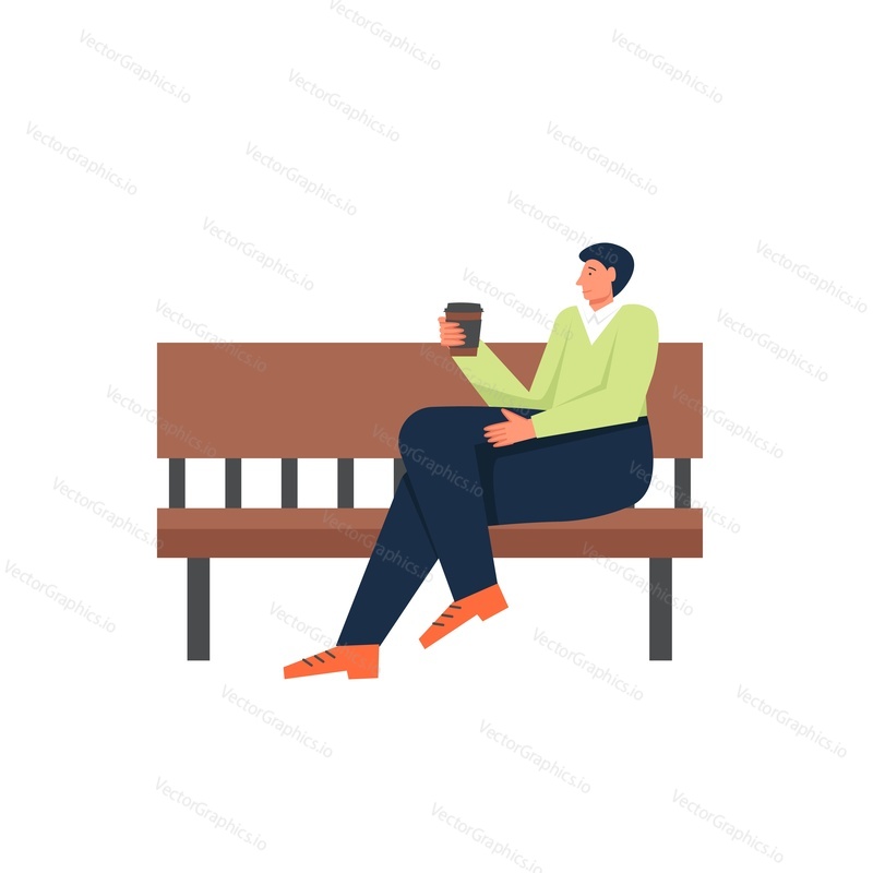 Man taking rest while sitting on bench with cup of coffee, vector flat style design illustration isolated on white background. Walk in the park concept for web banner, website page etc.