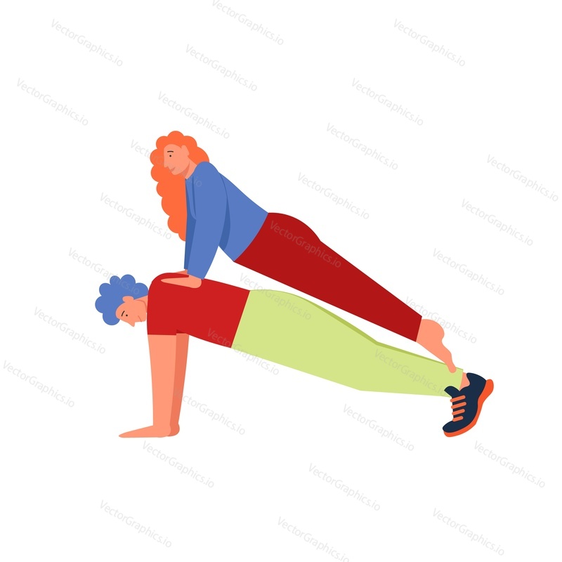 Женщина и мужчина, выполняющие позу йоги на доске, векторная иллюстрация дизайна в плоском стиле, изолированная на белом фоне. Класс йоги, основные позы или концепция асан для веб-баннера, страницы веб-сайта и т.д.