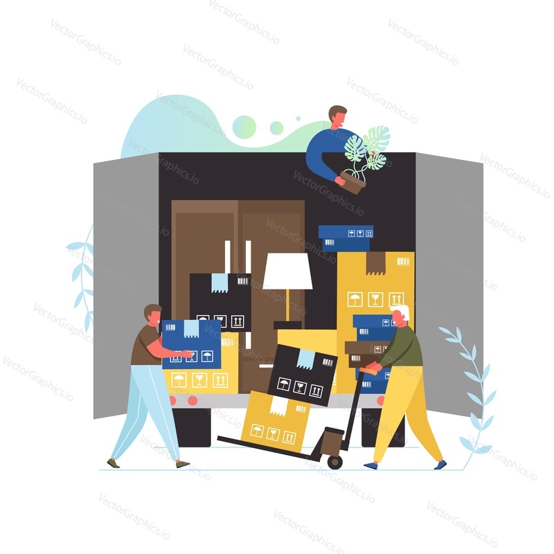 Loaders loading cardboard boxes and furniture into truck, vector flat style design illustration. Moving home, services of movers concept for web banner, website page etc.