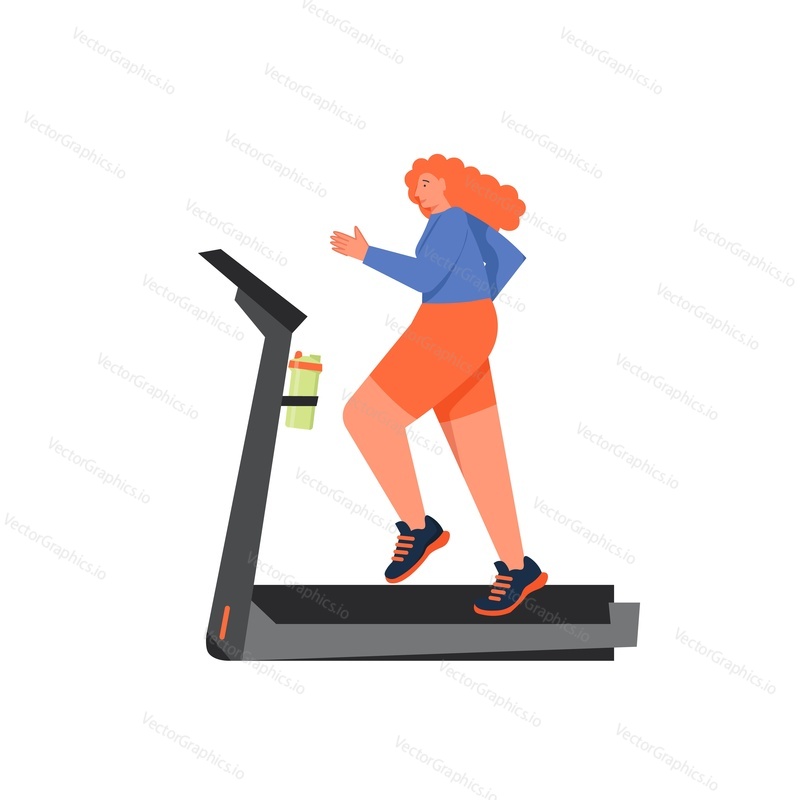 Fitness woman running on treadmill, vector flat illustration isolated on white background. Treadmill workout to burn calories and boost health.
