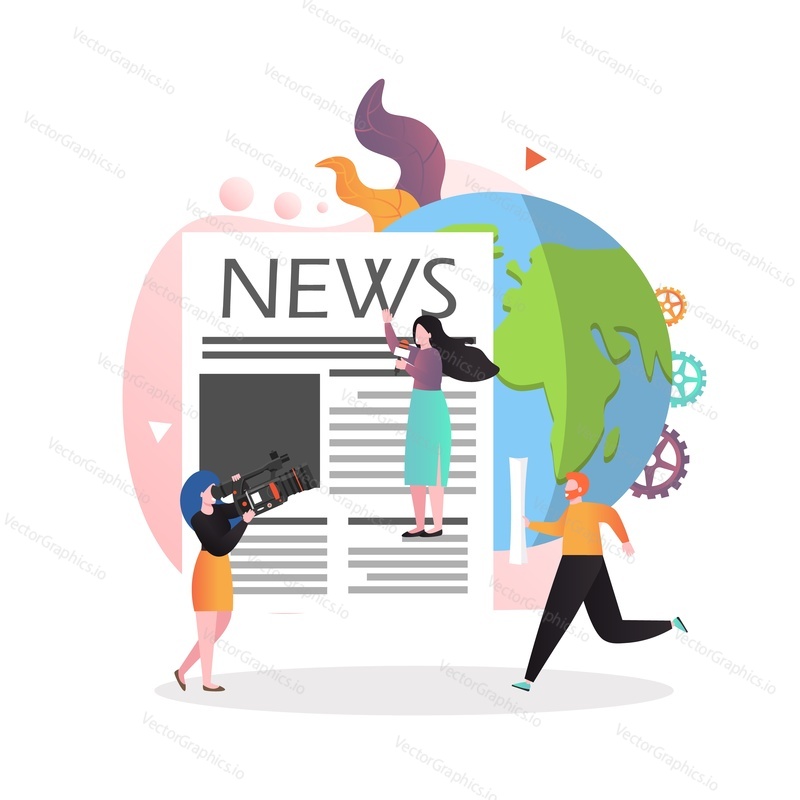 Huge newspaper front page, micro characters professional journalist, reporter with microphone, camera, vector illustration. Press mass media, news reports concept for web banner, website page etc.