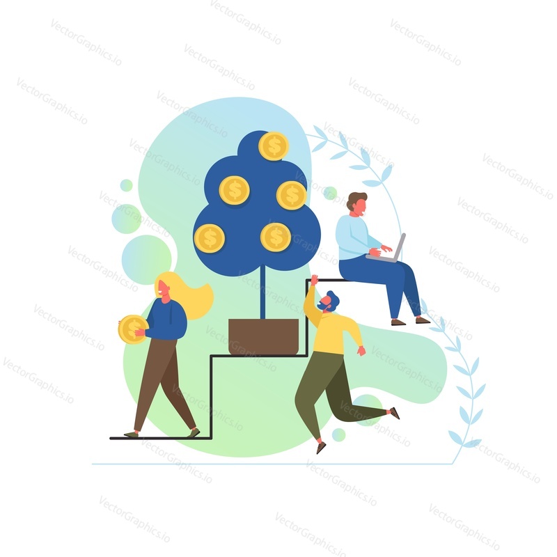Vector flat style design illustration of business people picking golden dollar coins from money tree. Business growth and financial success, money profit, income concept for web banner, website page.