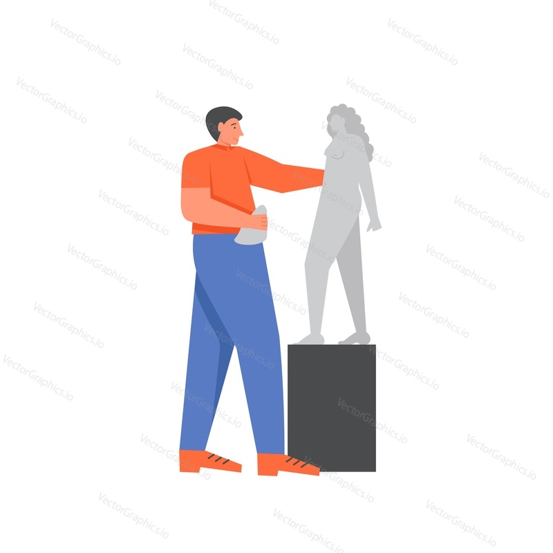 Young man sculptor creating sculpture of woman. Vector flat illustration isolated on white background. Sculpture creation, artistic and creative occupation concept for web banner, website page etc.