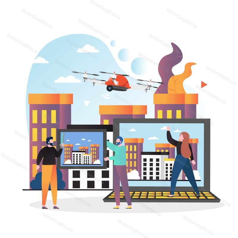 Quadcopter drone with camera shooting city while flying over it, vector illustration. Drone technology, innovations and scientific developments concept for web banner, website page etc.