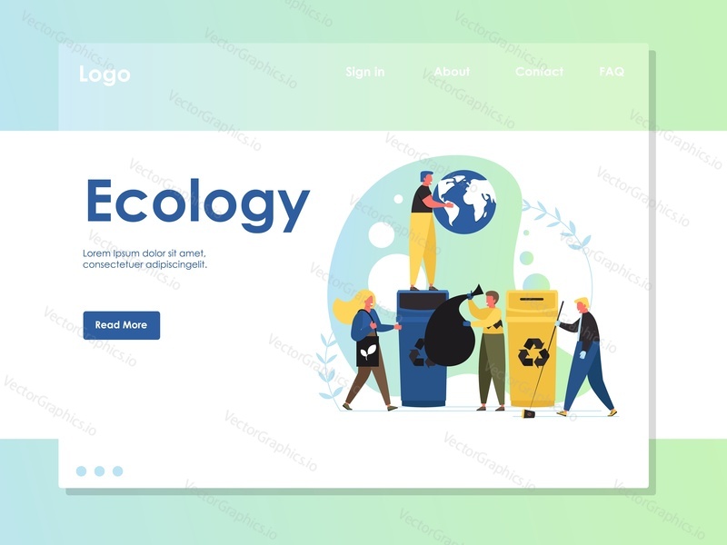 Ecology vector website template, web page and landing page design for website and mobile site development. Tiny people collecting, sorting and throwing trash into big different color garbage bins.