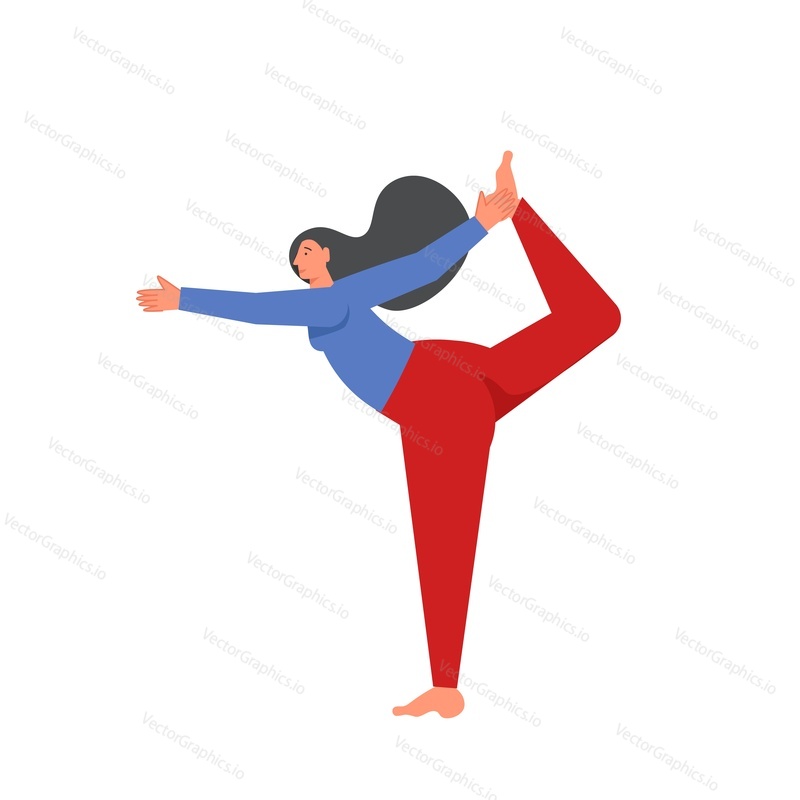 Женщина, выполняющая позу Повелителя танцевальной йоги, векторная иллюстрация дизайна в плоском стиле, изолированная на белом фоне. Класс йоги, основные позы или концепция асан для веб-баннера, страницы веб-сайта и т.д.