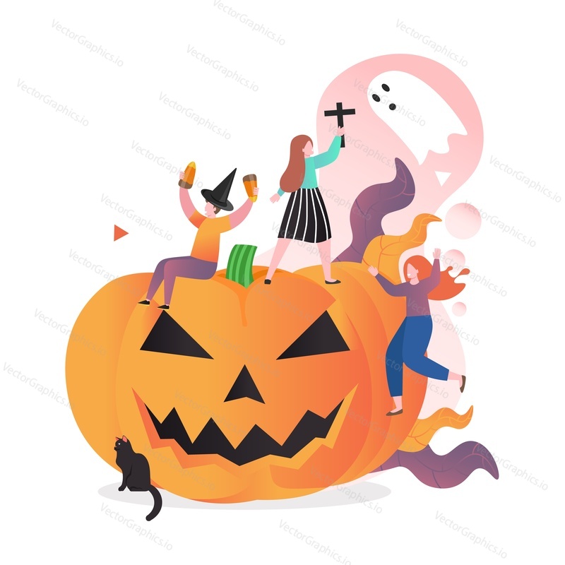 Huge scary pumpkin and happy male and female characters having fun, vector illustration. Happy Halloween concept for web banner, website page etc.