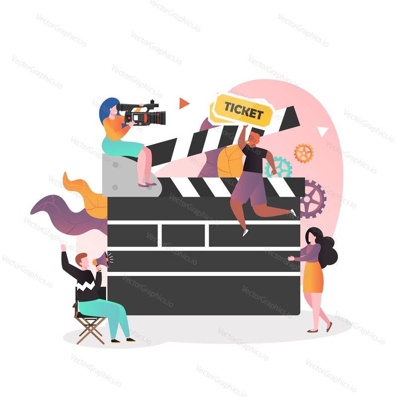 Movie production scene vector illustration. Huge clapperboard and micro characters shooting film. Cinematography, movie industry, filmmaking concept for web banner, website page etc.