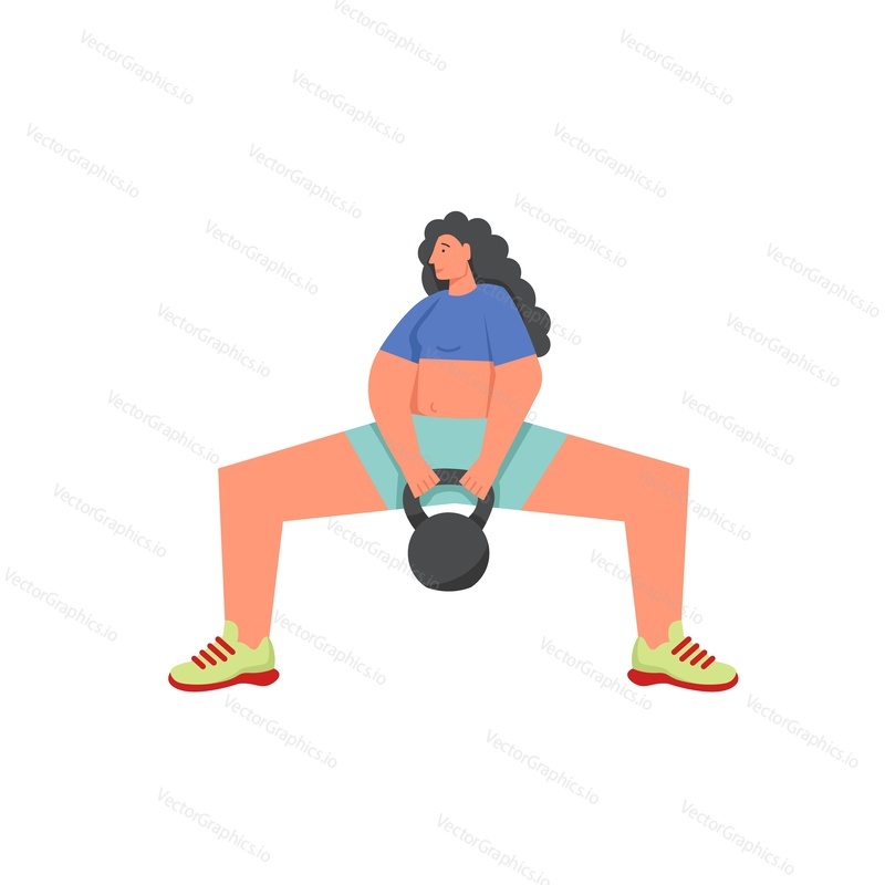 Fitness woman doing squats with kettlebell, vector flat illustration isolated on white background. Weight exercise, strength training, leg workout, sport and health.